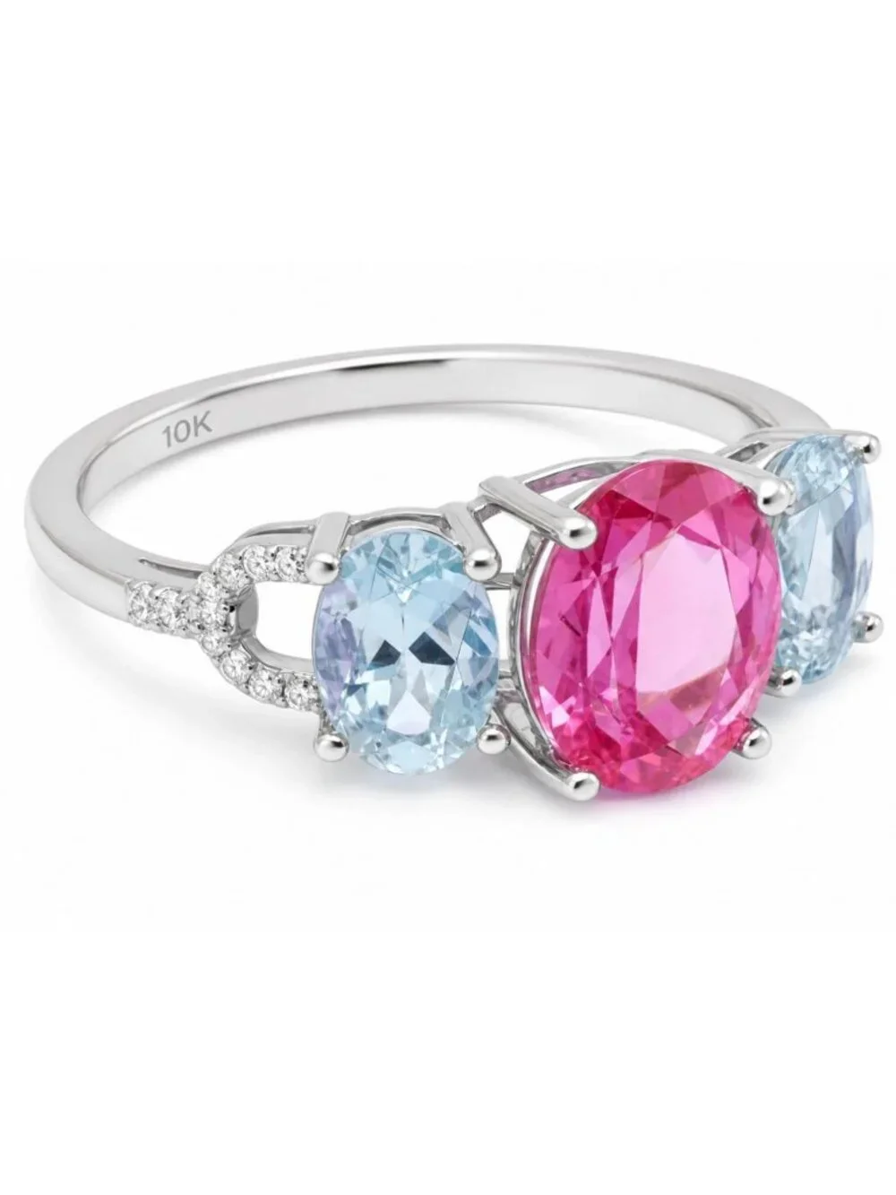 Genuine 1.56 Ct Pink Sapphire, Aquamarine & Diamond Ring Solid 10k White Gold